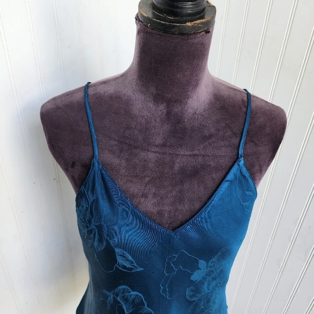 Victoria's Secret Split Back Floral Damask Teal Camisole Rayon Satin Sexy Sz M